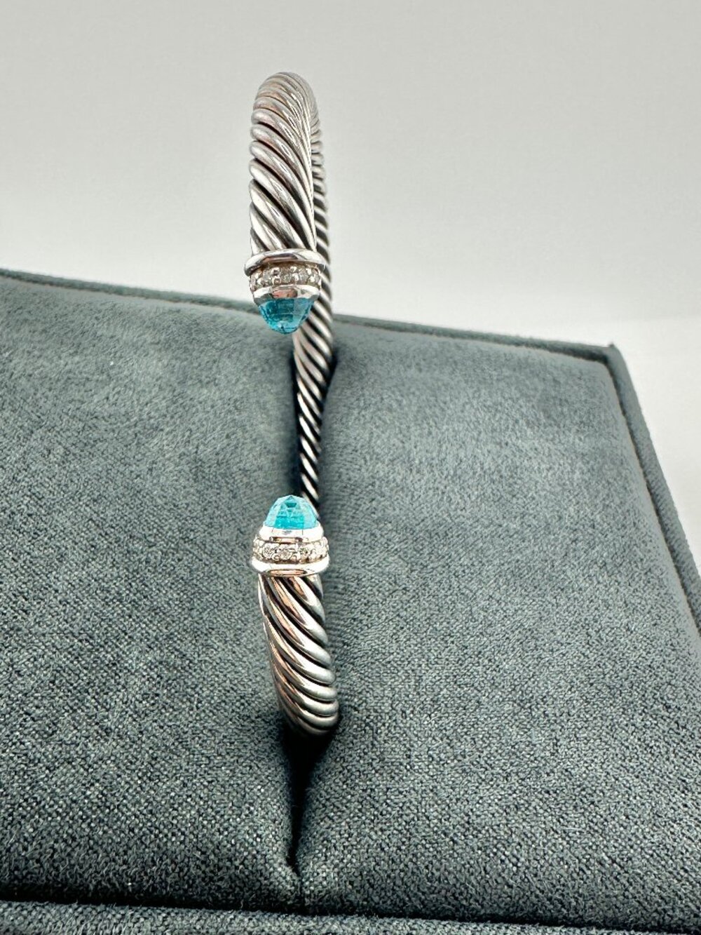 David Yurman Cable Cuff w/ Blue Topaz & Pavé White Diamonds - 5mm - Medium - Picture 10 of 15